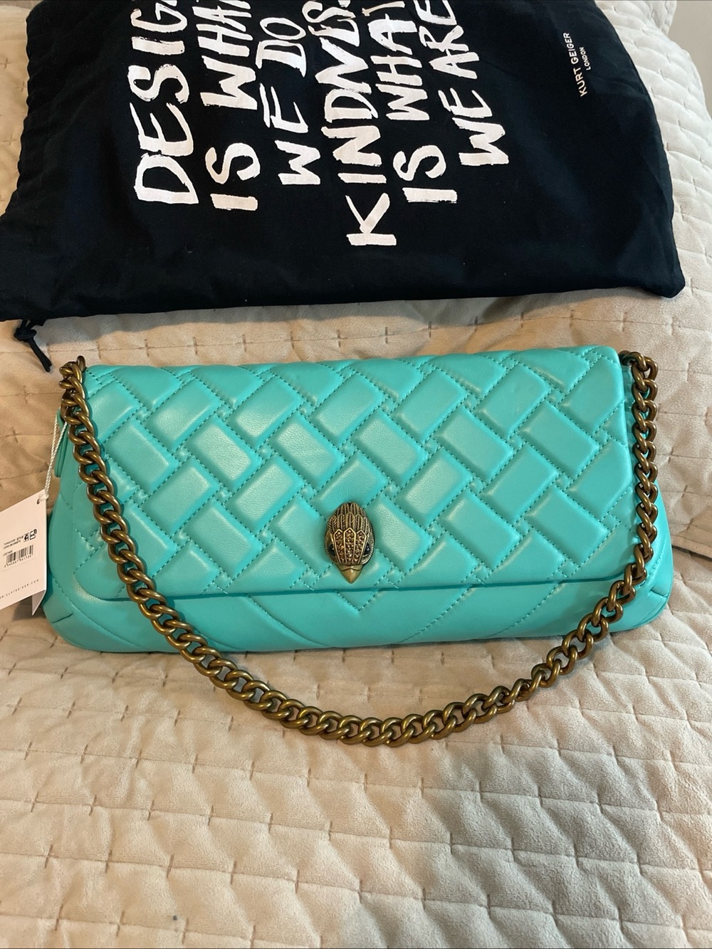 Kurt Geiger Quilted Turquoise Chain-Handled Shoulder Bag crossbody